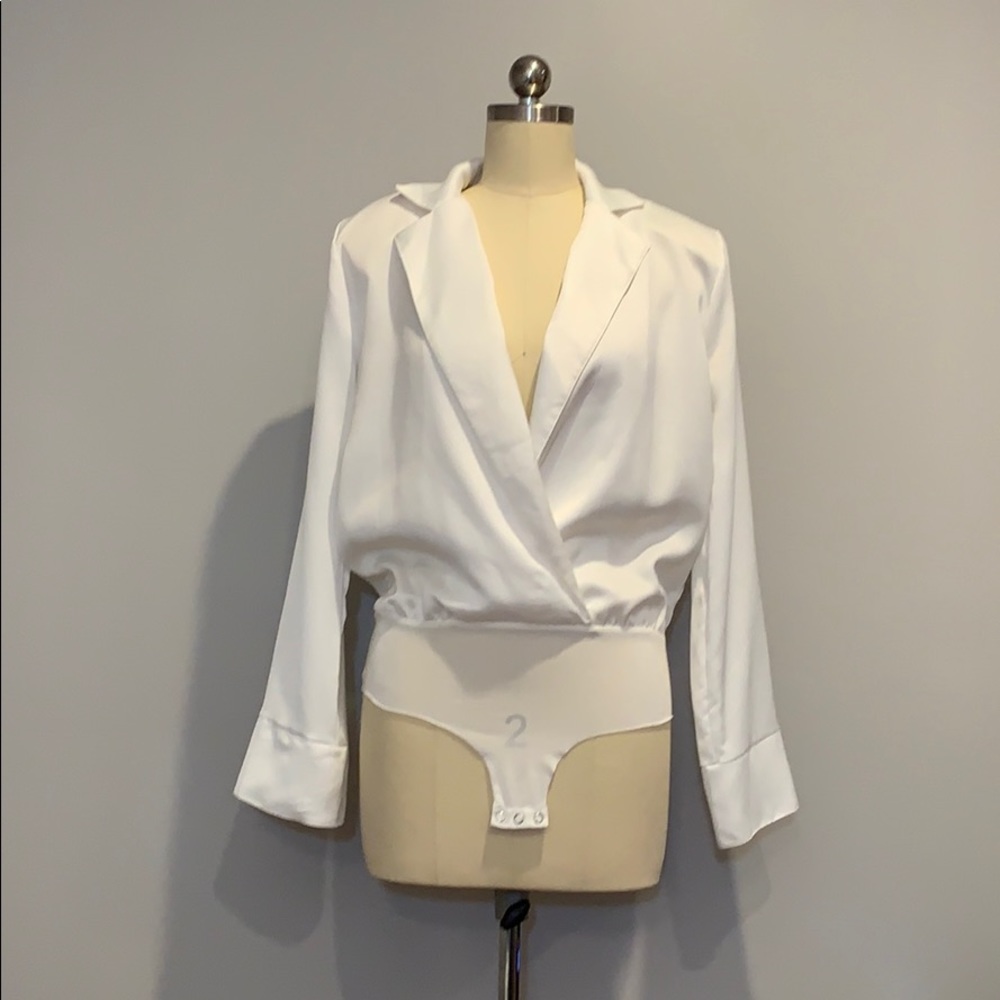 White long sleeve blazer-style bodysuit